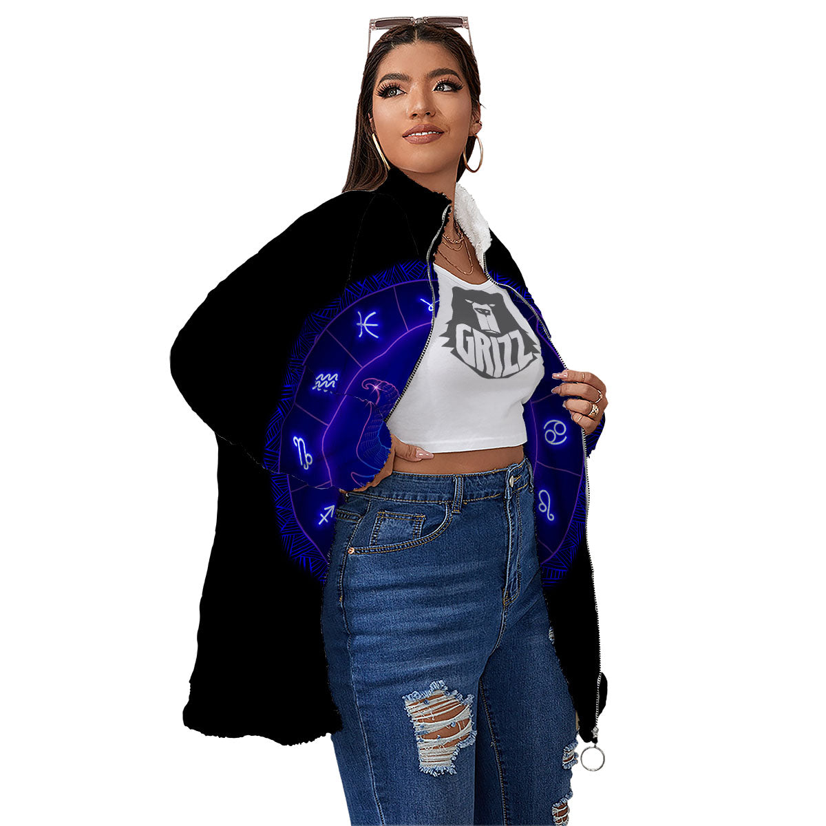 Zodiac Sign Dark Taurus Print Women's Sherpa Jacket-grizzshop