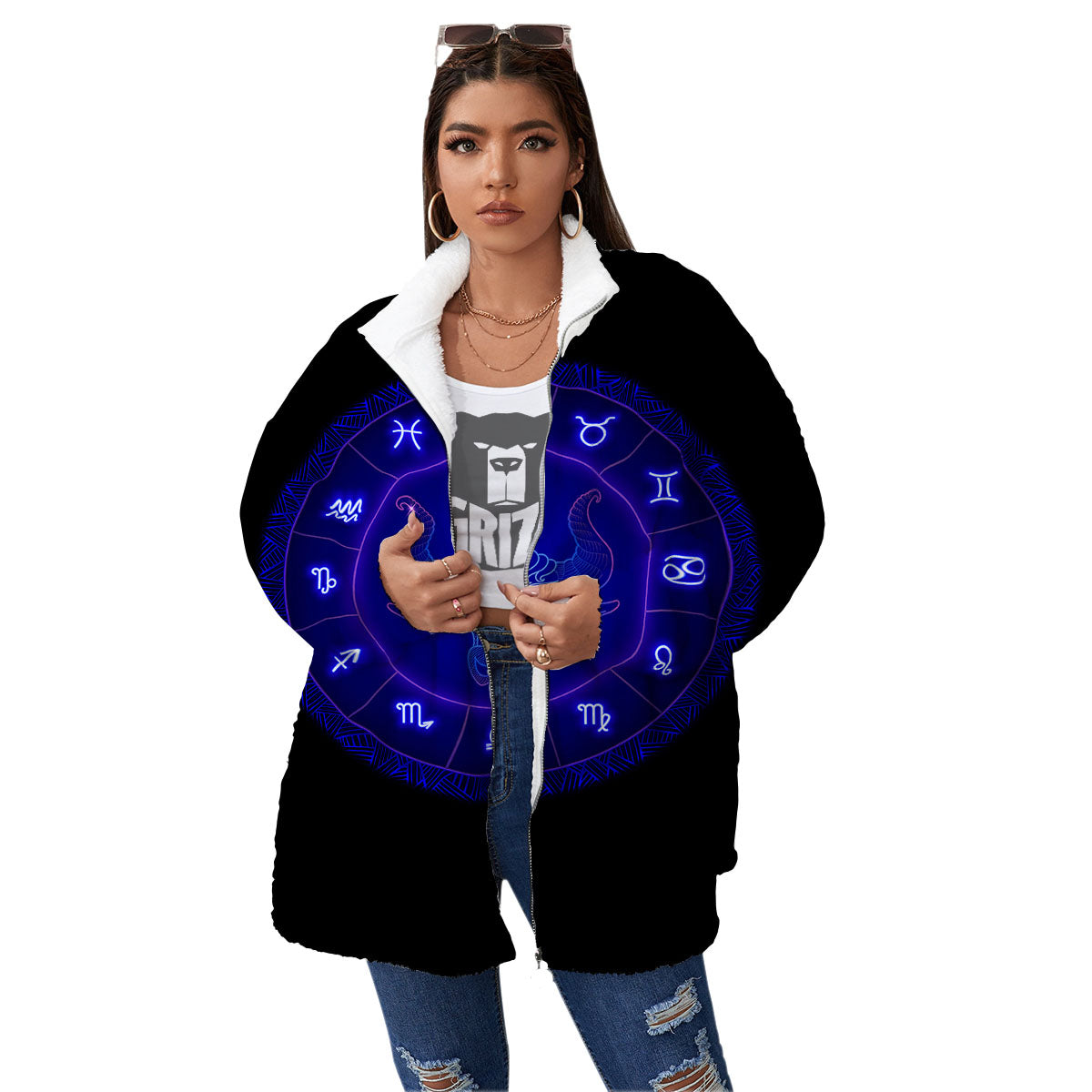 Zodiac Sign Dark Taurus Print Women's Sherpa Jacket-grizzshop