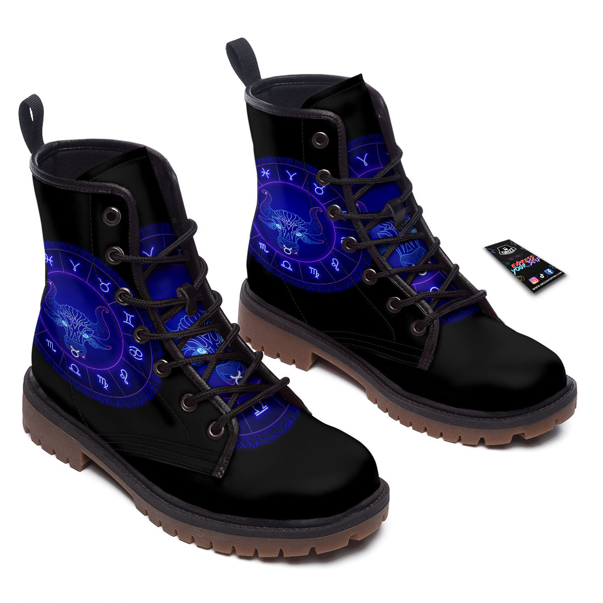 Zodiac Sign Dark Taurus Print Work Boots-grizzshop