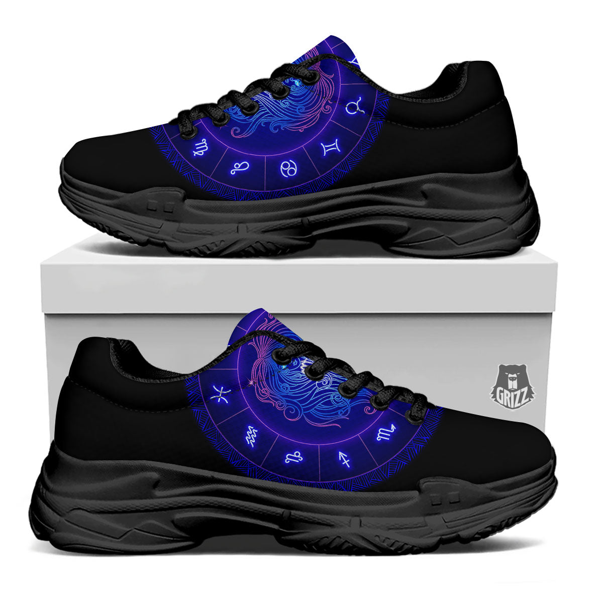 Zodiac Sign Dark Virgo Print Black Chunky Shoes-grizzshop