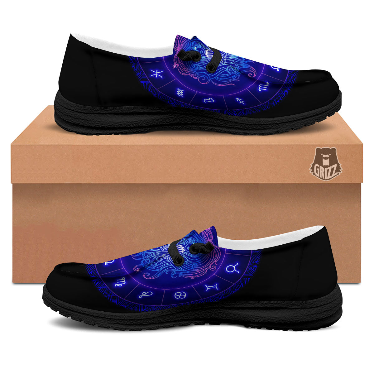 Zodiac Sign Dark Virgo Print Black Loafers-grizzshop