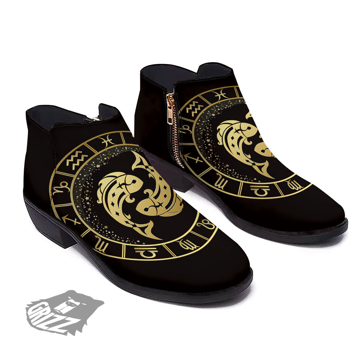 Zodiac Sign Golden Pisces Print Ankle Boots-grizzshop
