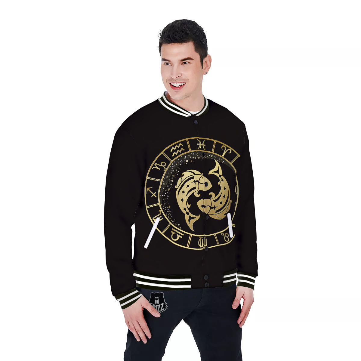 Zodiac Sign Golden Pisces Print Baseball Jacket-grizzshop