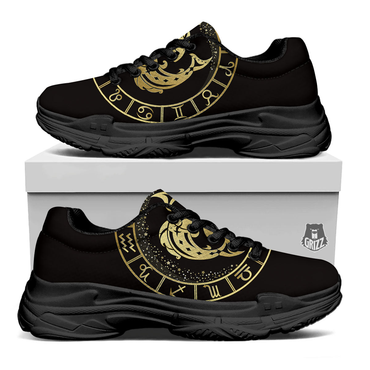 Zodiac Sign Golden Pisces Print Black Chunky Shoes-grizzshop