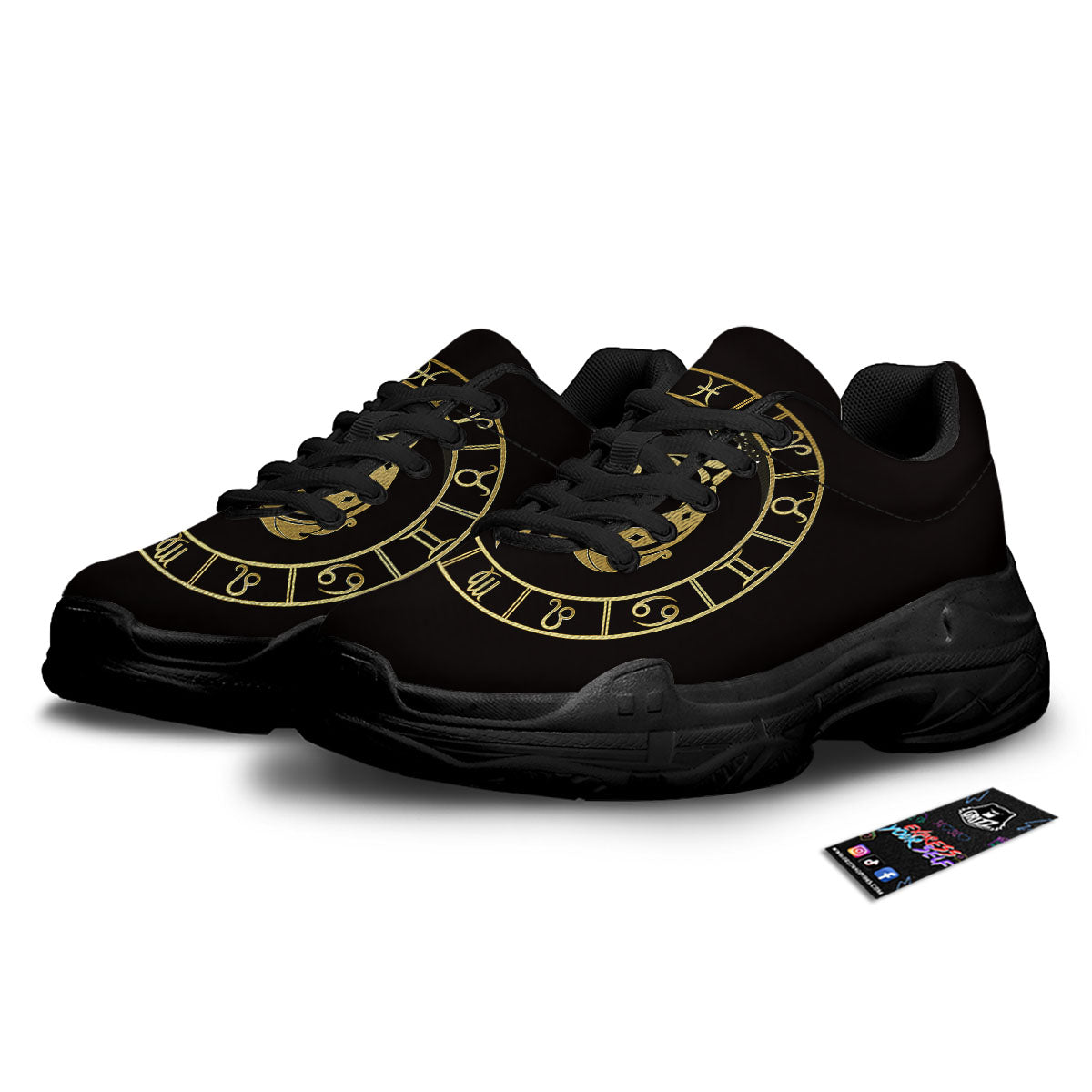 Zodiac Sign Golden Pisces Print Black Chunky Shoes-grizzshop