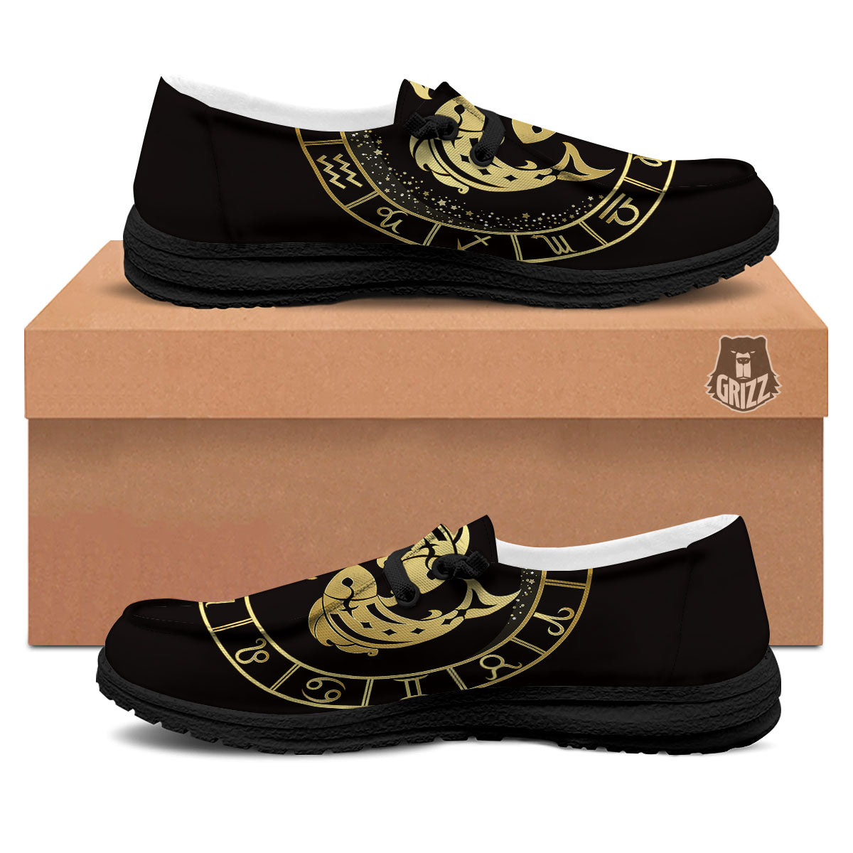 Zodiac Sign Golden Pisces Print Black Loafers-grizzshop