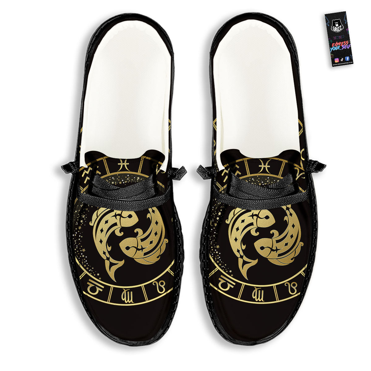 Zodiac Sign Golden Pisces Print Black Loafers-grizzshop