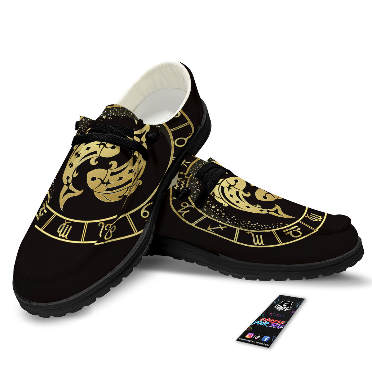 Zodiac Sign Golden Pisces Print Black Loafers-grizzshop