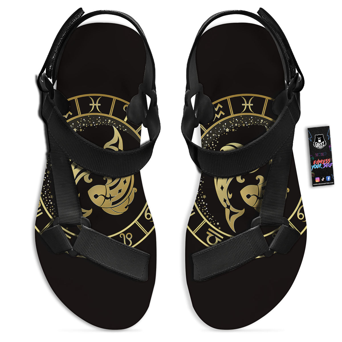 Zodiac Sign Golden Pisces Print Black Open Toe Sandals-grizzshop