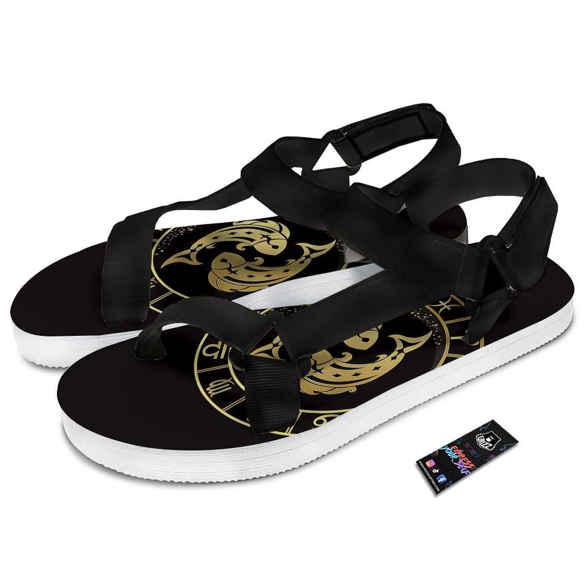 Zodiac Sign Golden Pisces Print Black Open Toe Sandals-grizzshop