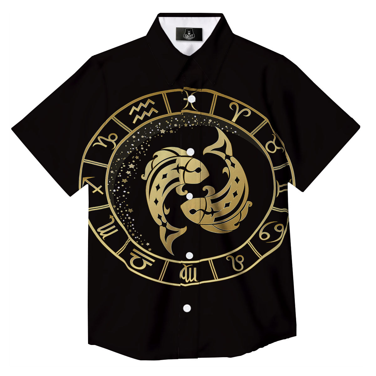 Zodiac Sign Golden Pisces Print Button Up Shirt-grizzshop