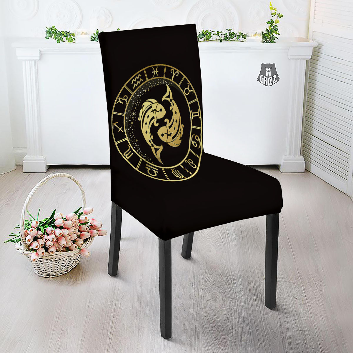 Zodiac Sign Golden Pisces Print Dining Chair Slipcover-grizzshop