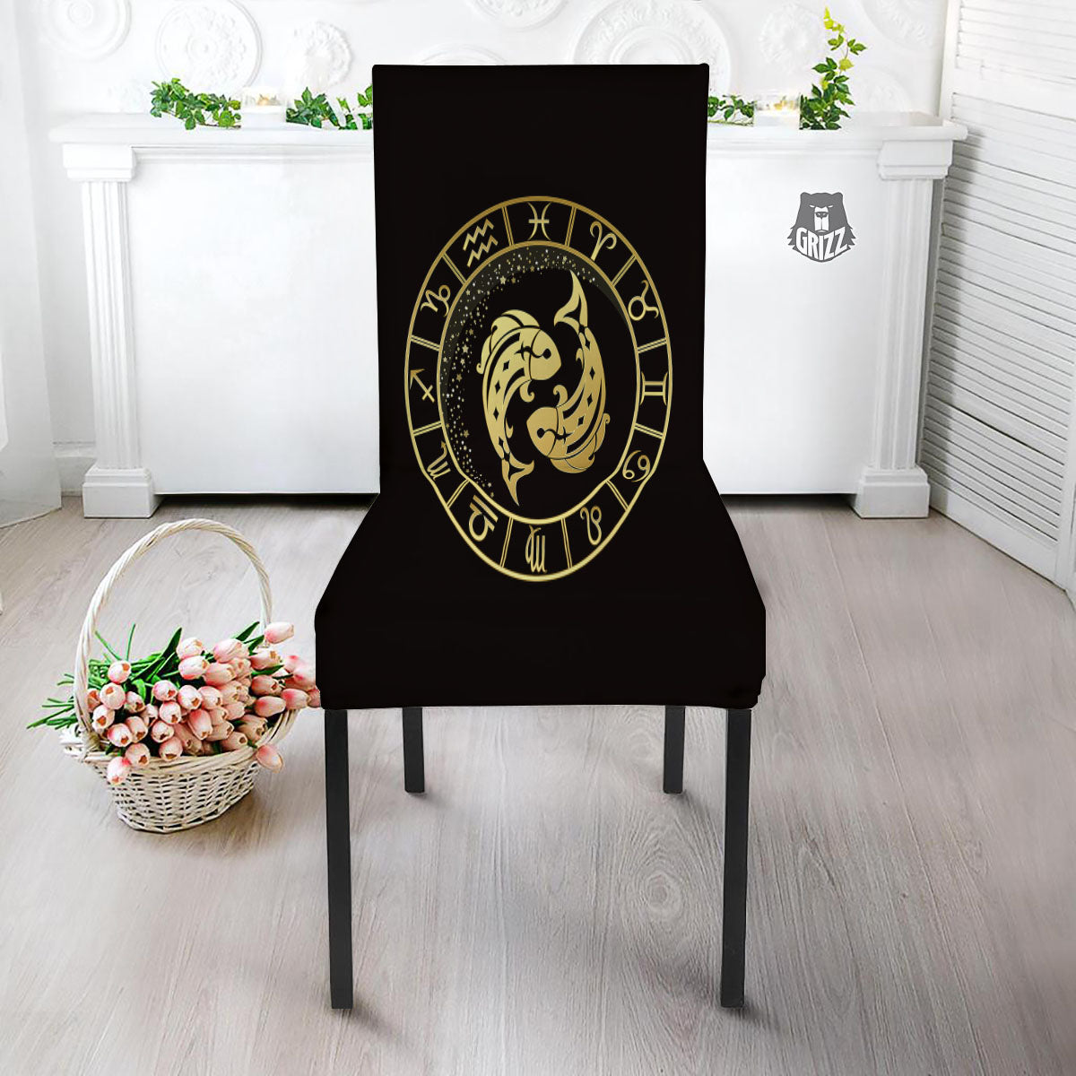 Zodiac Sign Golden Pisces Print Dining Chair Slipcover-grizzshop