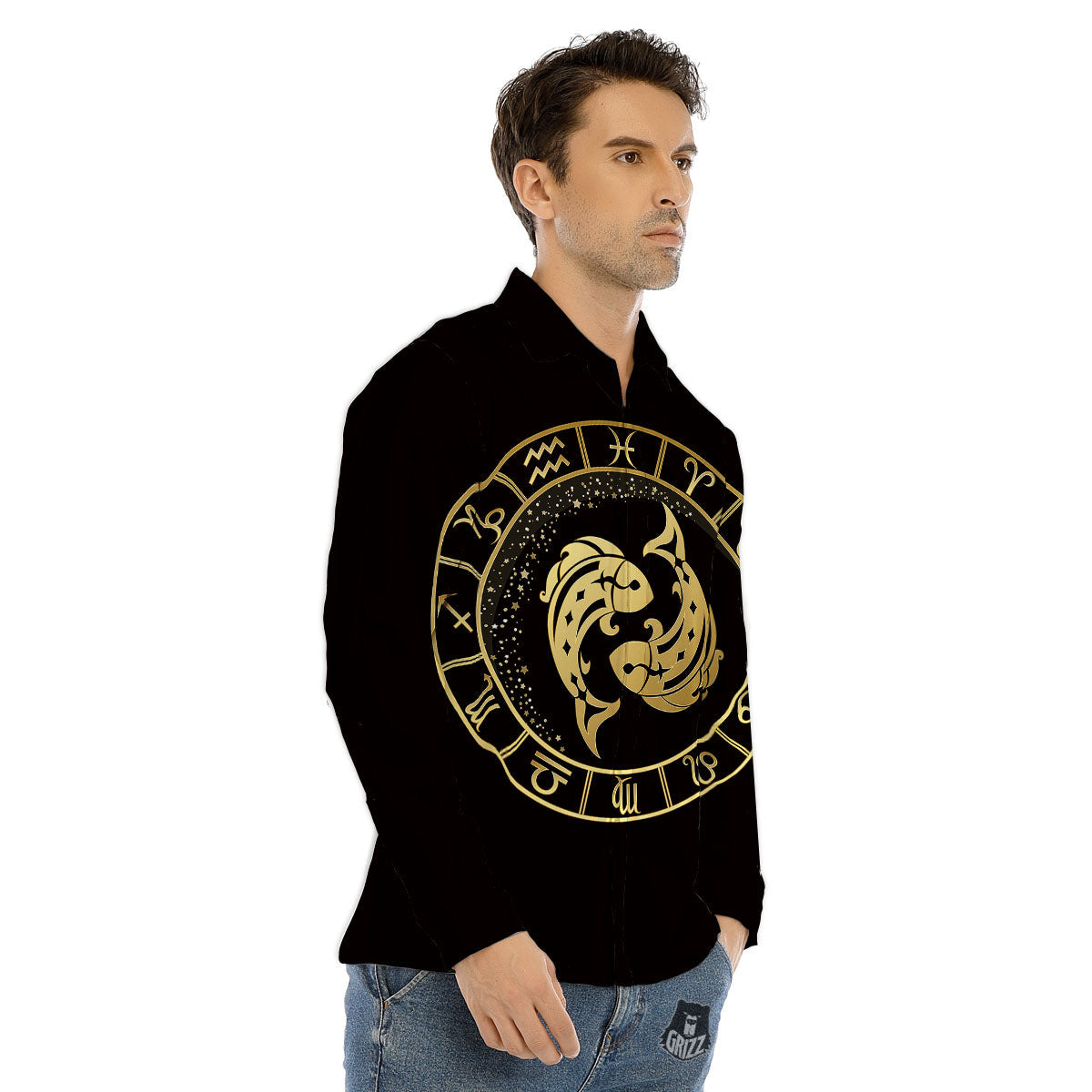 Zodiac Sign Golden Pisces Print Men's Dress Shirts-grizzshop