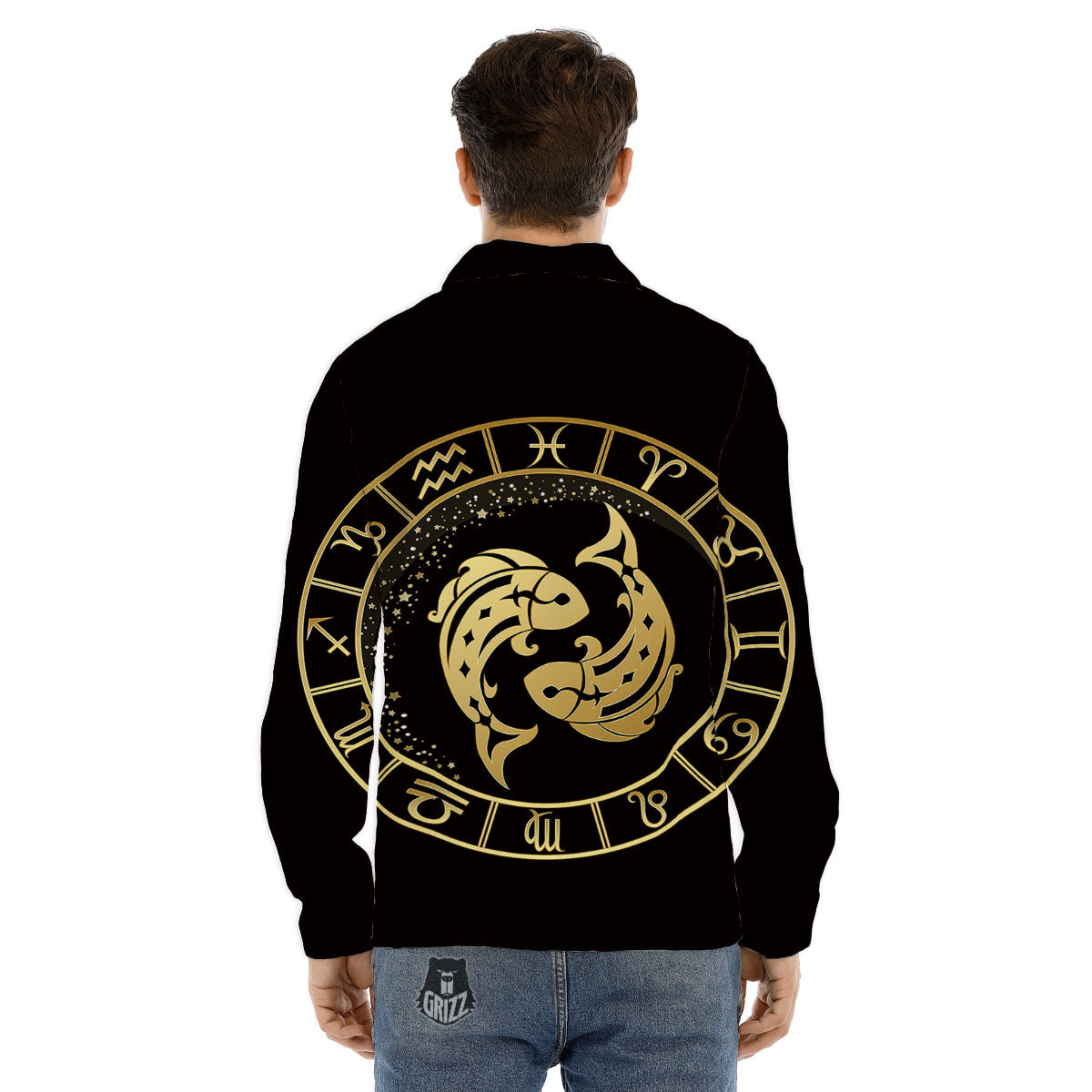 Zodiac Sign Golden Pisces Print Men's Dress Shirts-grizzshop