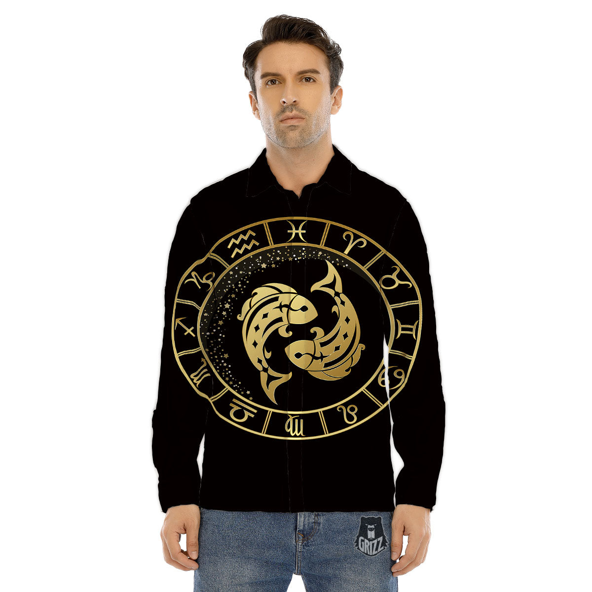 Zodiac Sign Golden Pisces Print Men's Dress Shirts-grizzshop