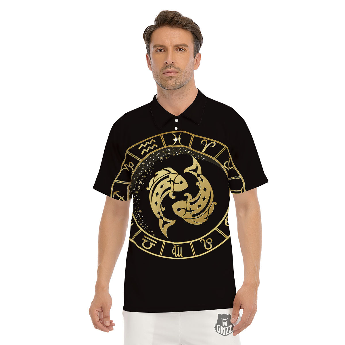 Zodiac Sign Golden Pisces Print Men's Golf Shirts-grizzshop