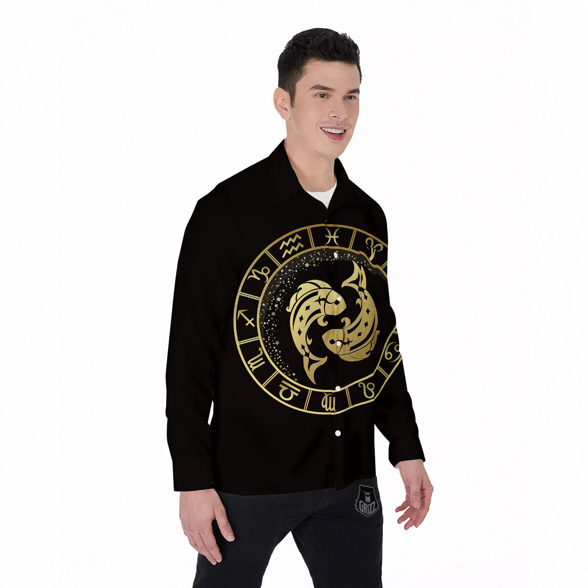 Zodiac Sign Golden Pisces Print Men's Long Sleeve Shirts-grizzshop