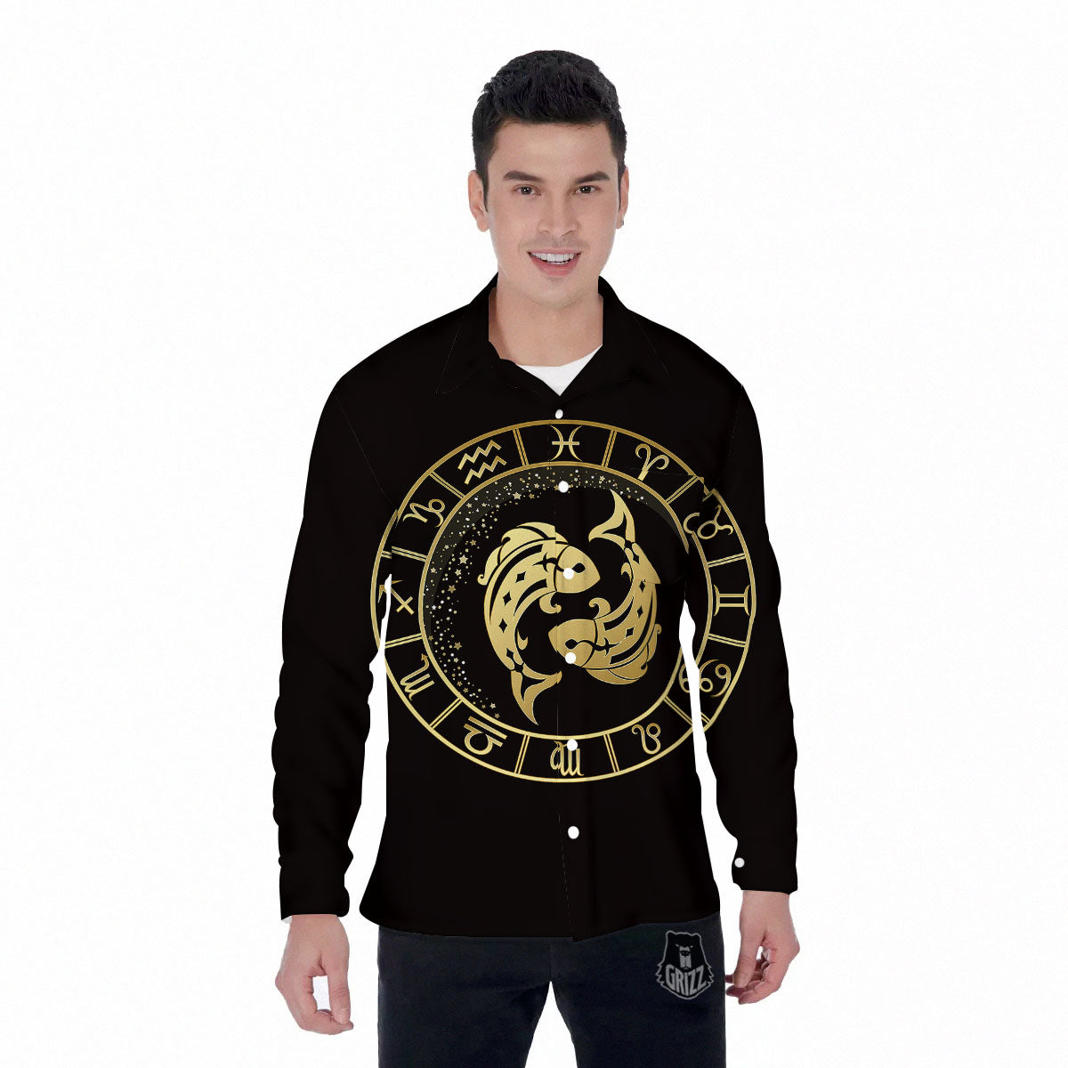 Zodiac Sign Golden Pisces Print Men's Long Sleeve Shirts-grizzshop