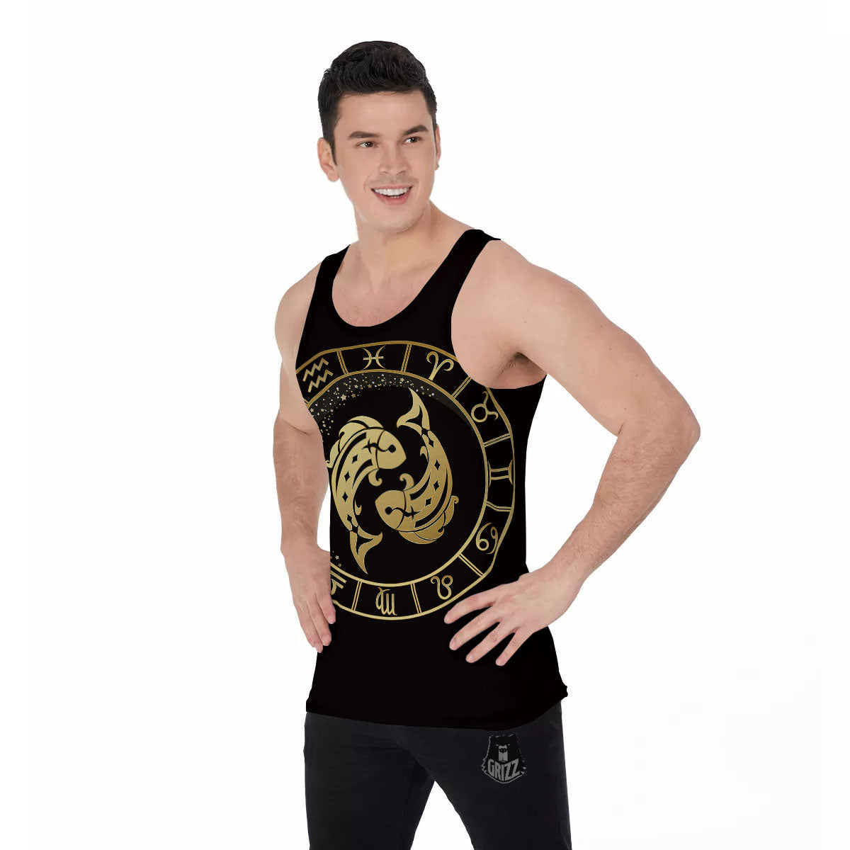 Zodiac Sign Golden Pisces Print Men's Tank Top-grizzshop