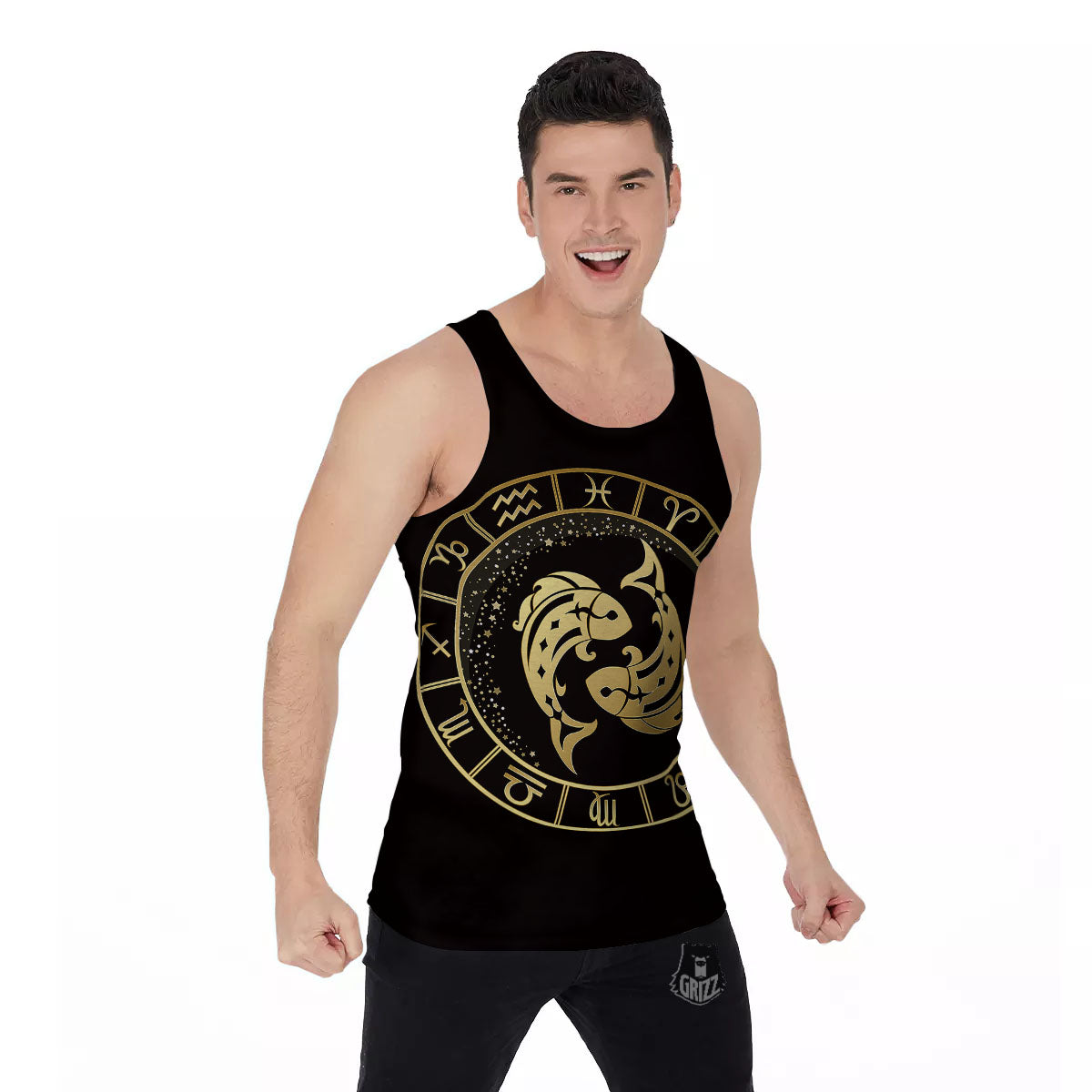 Zodiac Sign Golden Pisces Print Men's Tank Top-grizzshop