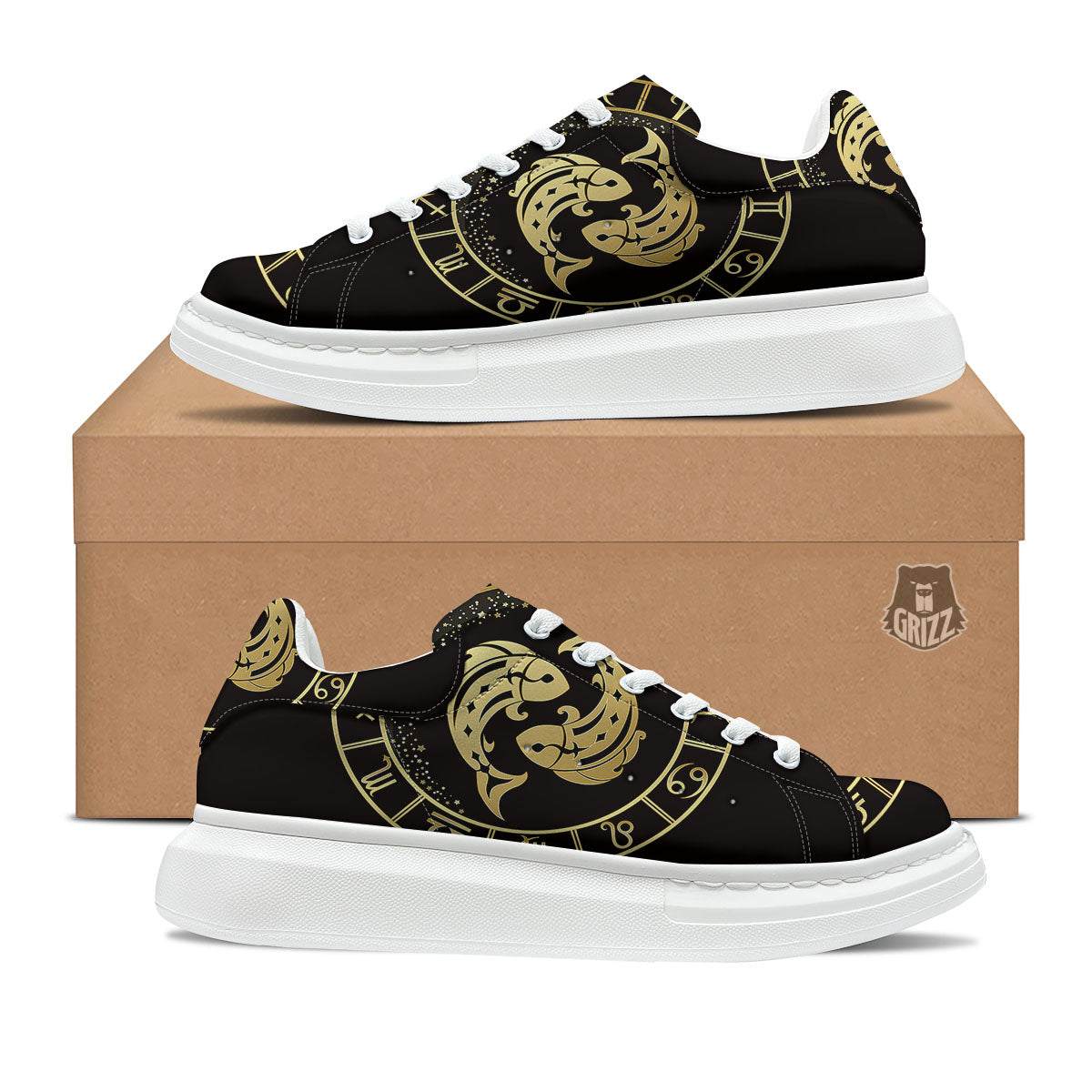 Zodiac Sign Golden Pisces Print Platform Shoes-grizzshop