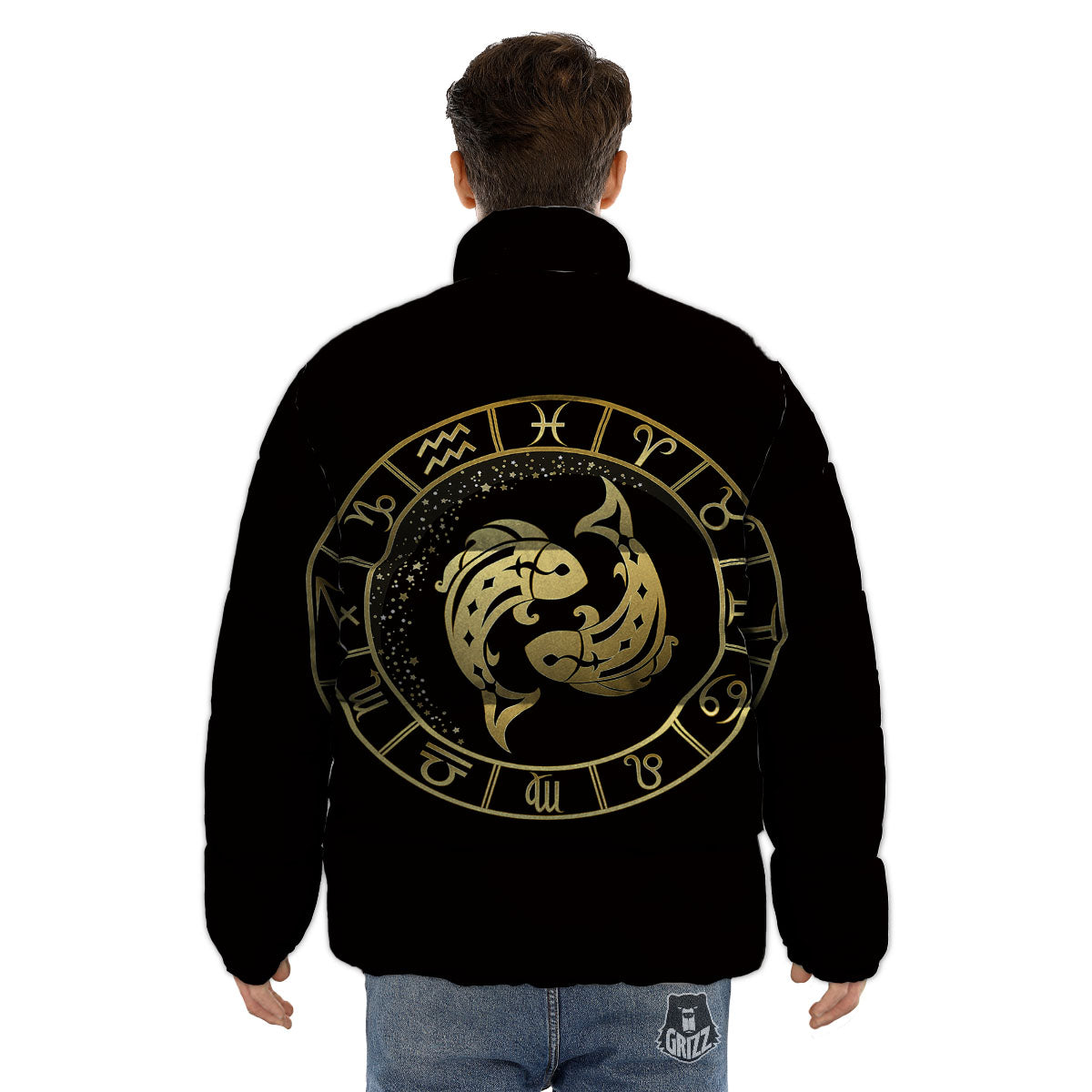 Zodiac Sign Golden Pisces Print Puffer Jacket-grizzshop