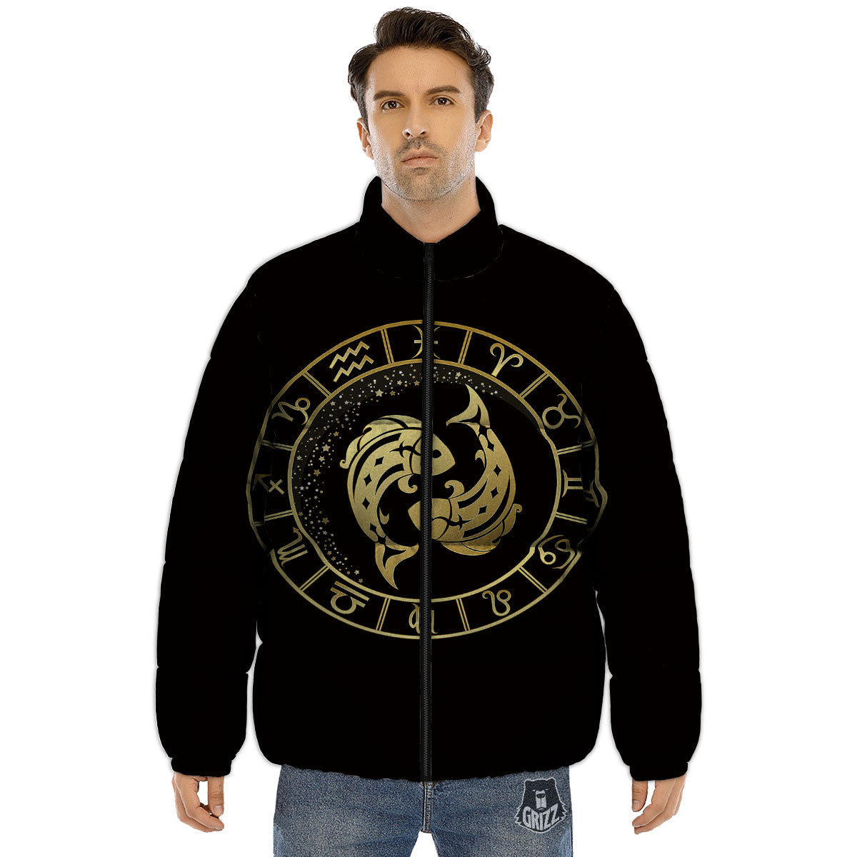 Zodiac Sign Golden Pisces Print Puffer Jacket-grizzshop
