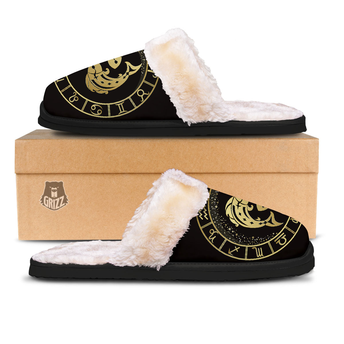 Zodiac Sign Golden Pisces Print Slippers-grizzshop
