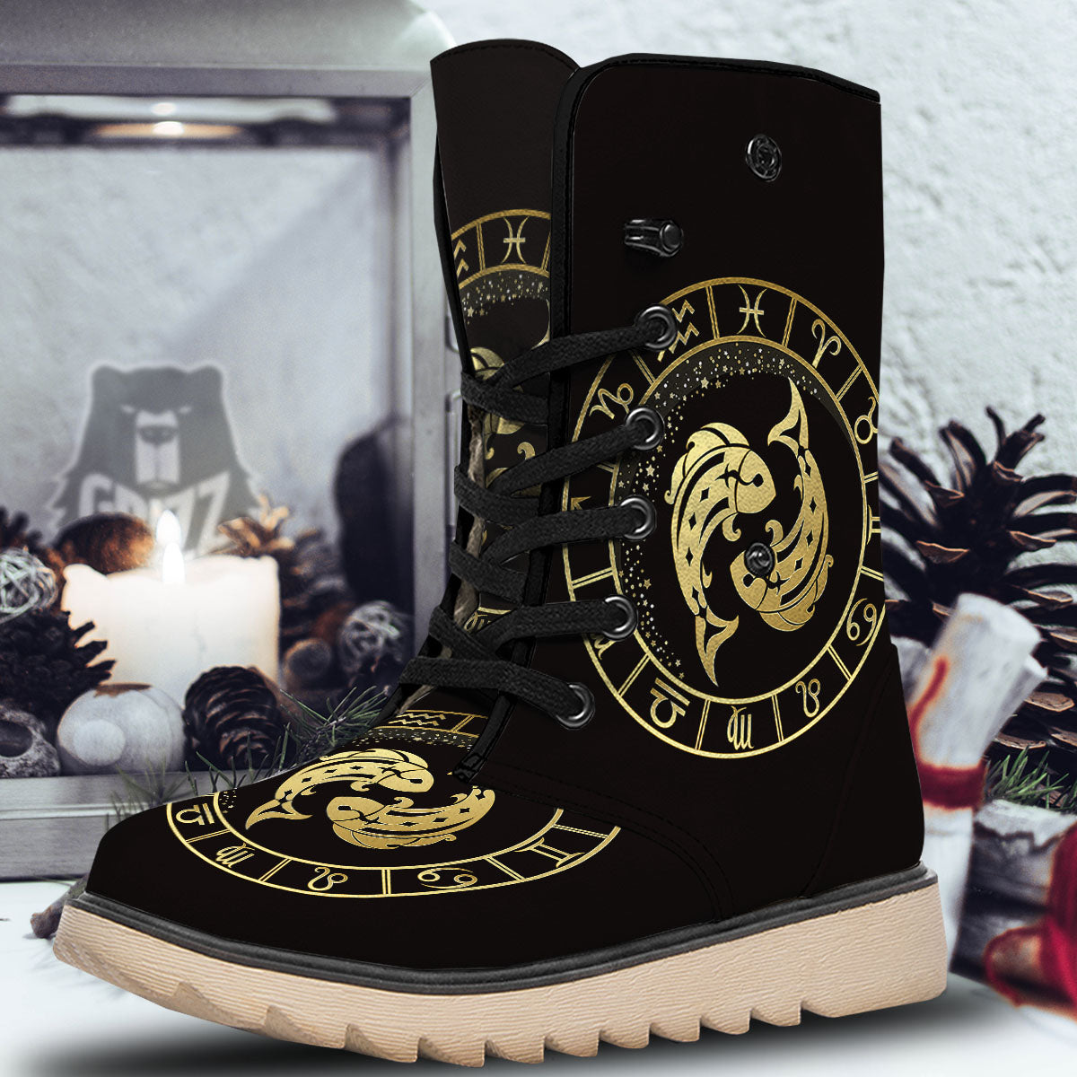 Zodiac Sign Golden Pisces Print Snow Boots-grizzshop