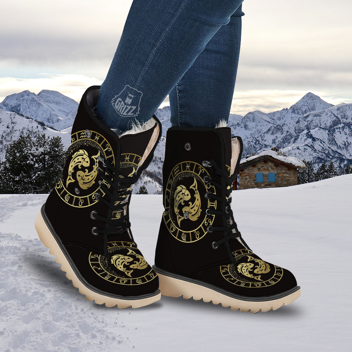 Zodiac Sign Golden Pisces Print Snow Boots-grizzshop