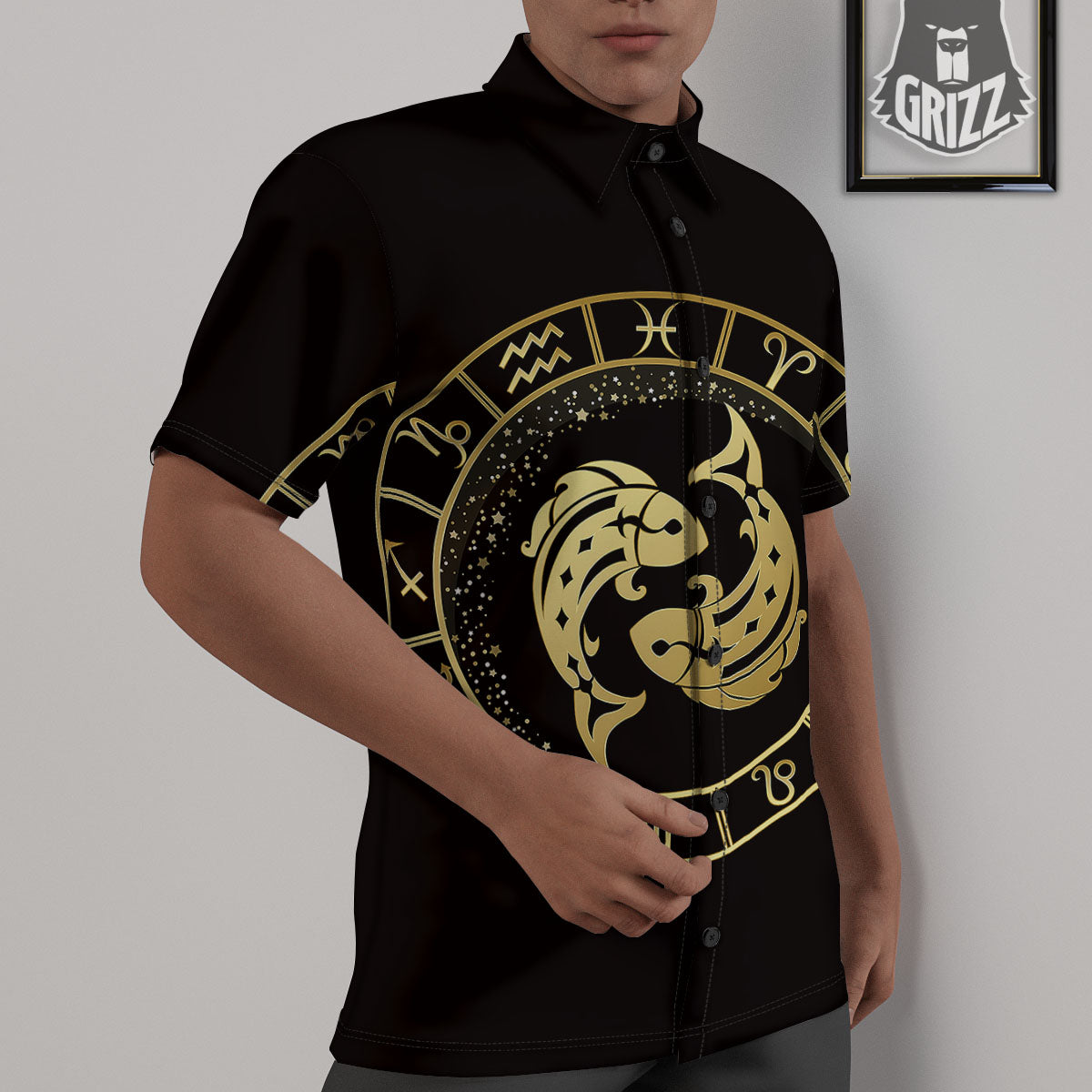 Zodiac Sign Golden Pisces Print Untucked Shirts-grizzshop