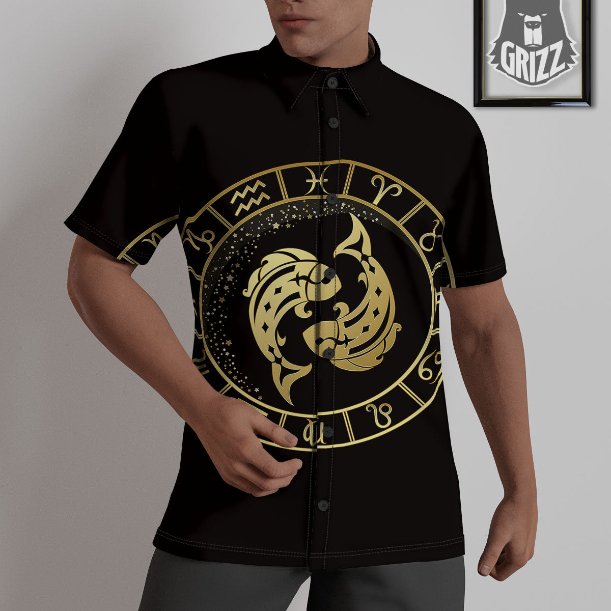 Zodiac Sign Golden Pisces Print Untucked Shirts-grizzshop