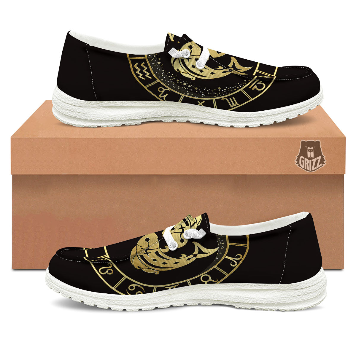 Zodiac Sign Golden Pisces Print White Loafers-grizzshop