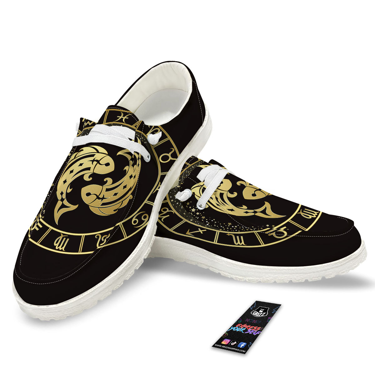 Zodiac Sign Golden Pisces Print White Loafers-grizzshop