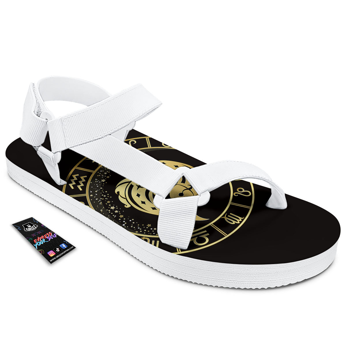 Zodiac Sign Golden Pisces Print White Open Toe Sandals-grizzshop