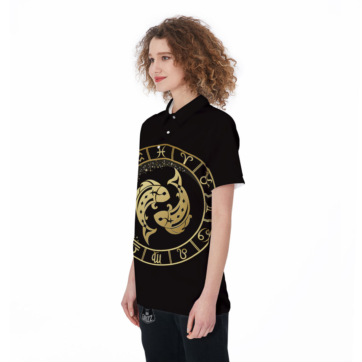 Zodiac Sign Golden Pisces Print Women's Golf Shirts-grizzshop