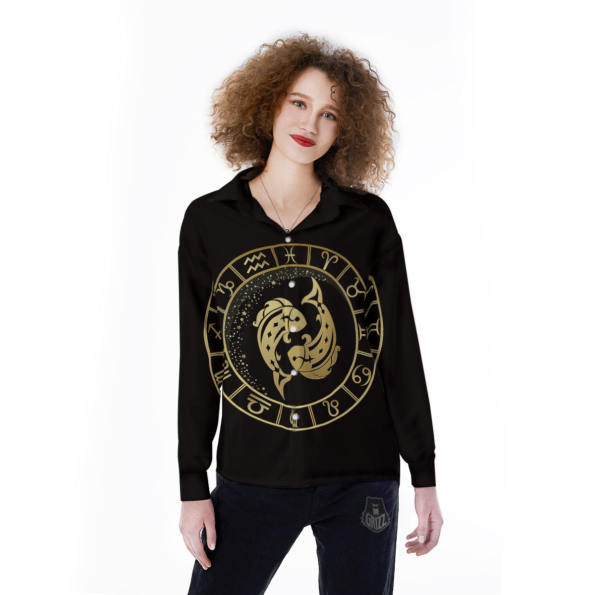 Zodiac Sign Golden Pisces Print Women's Long Sleeve Shirts-grizzshop