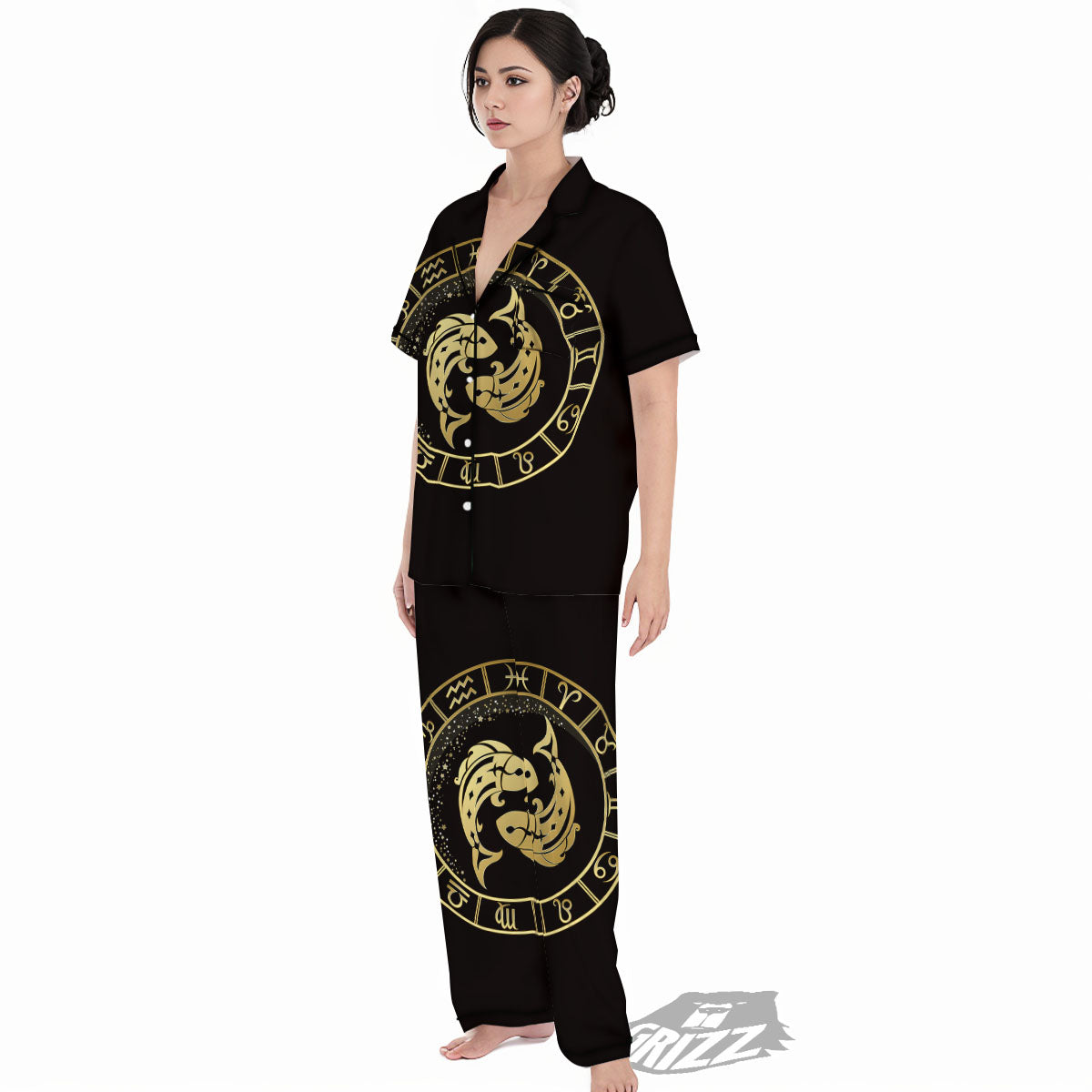 Zodiac Sign Golden Pisces Print Women's Pajamas Set-grizzshop