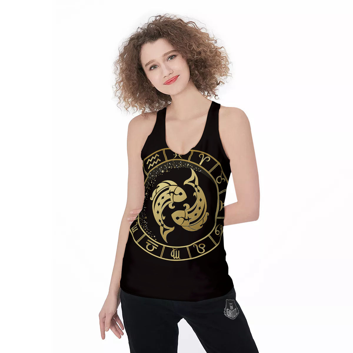 Zodiac Sign Golden Pisces Print Women's Racerback Tank Top-grizzshop
