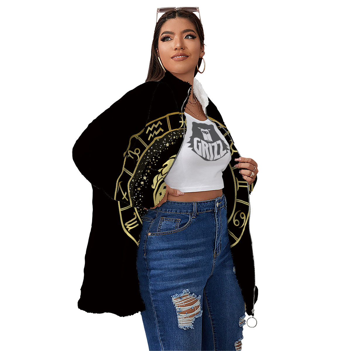 Zodiac Sign Golden Pisces Print Women's Sherpa Jacket-grizzshop