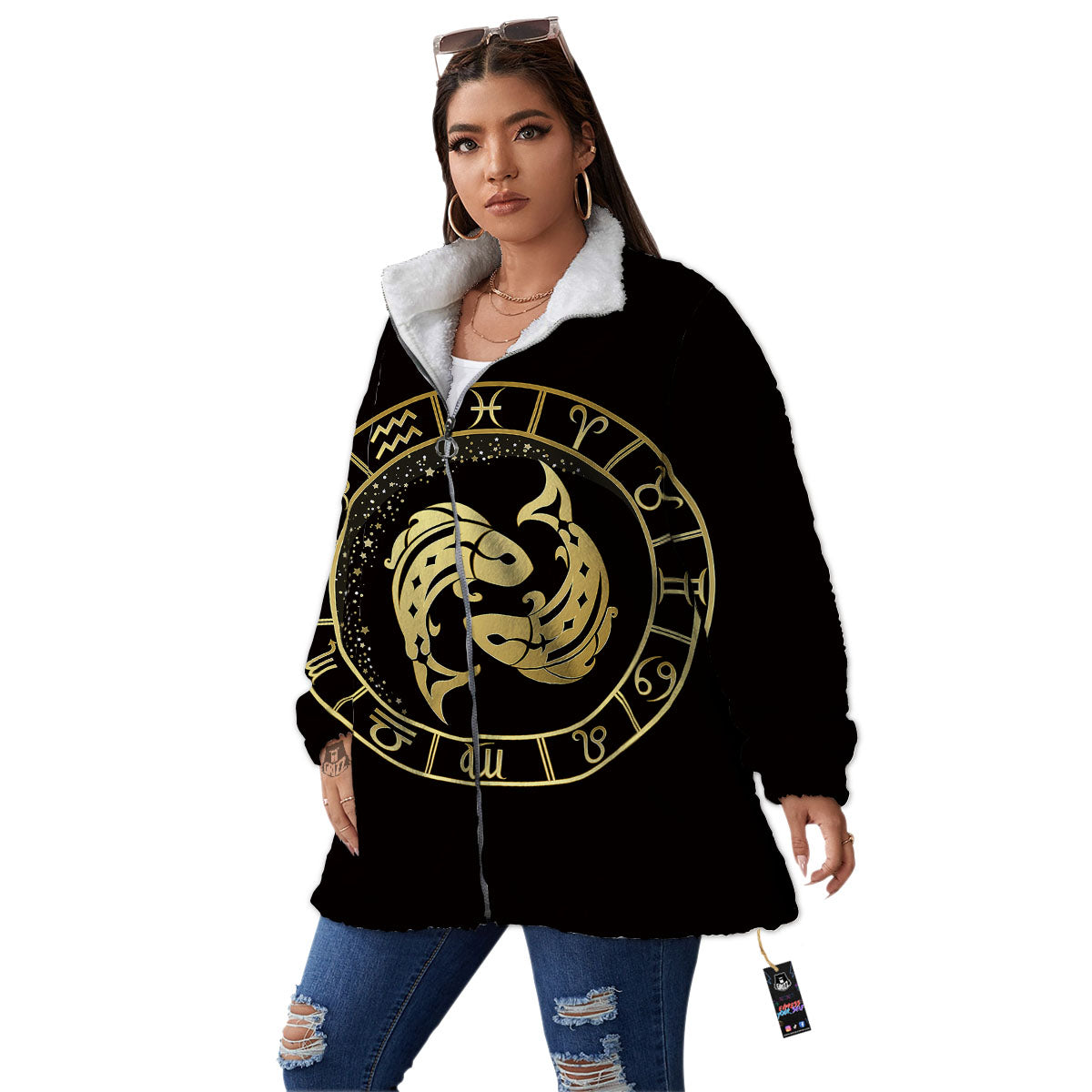 Zodiac Sign Golden Pisces Print Women's Sherpa Jacket-grizzshop