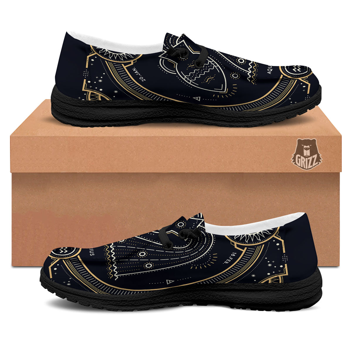 Zodiac Sign Vintage Aquarius Print Black Loafers-grizzshop