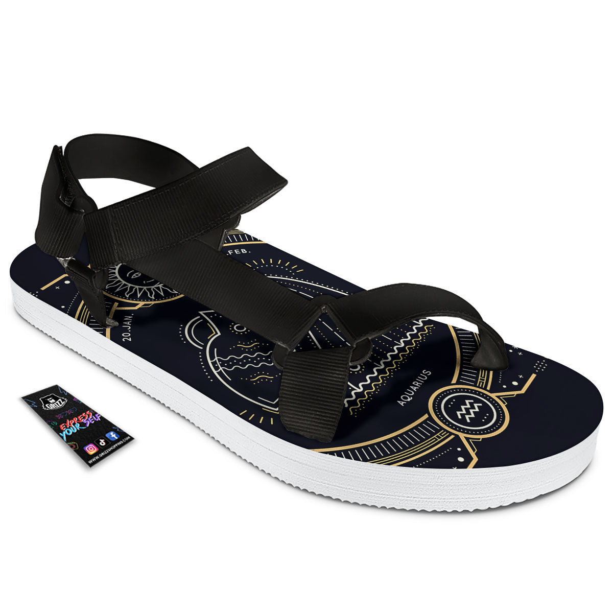 Zodiac Sign Vintage Aquarius Print Black Open Toe Sandals-grizzshop