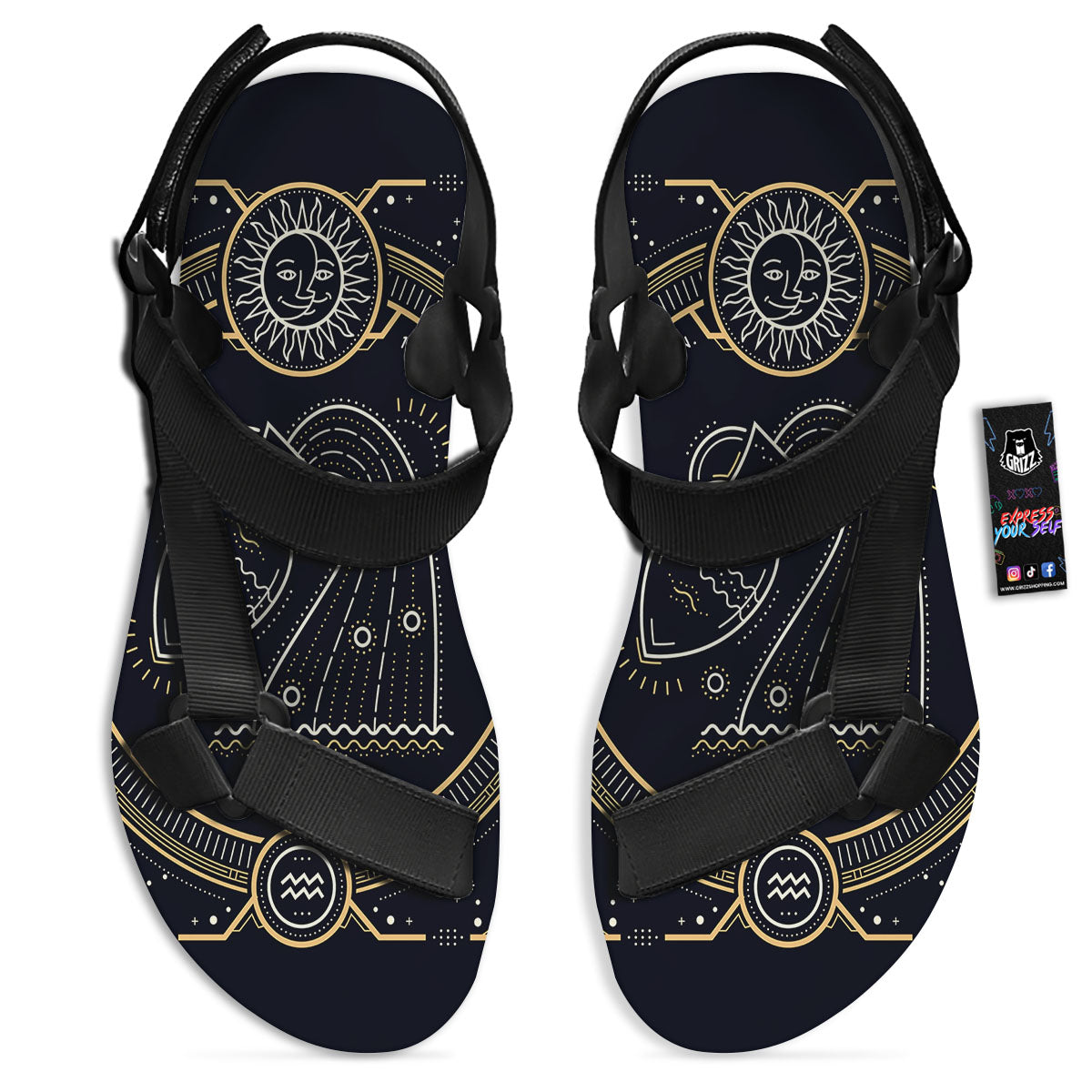 Zodiac Sign Vintage Aquarius Print Black Open Toe Sandals-grizzshop