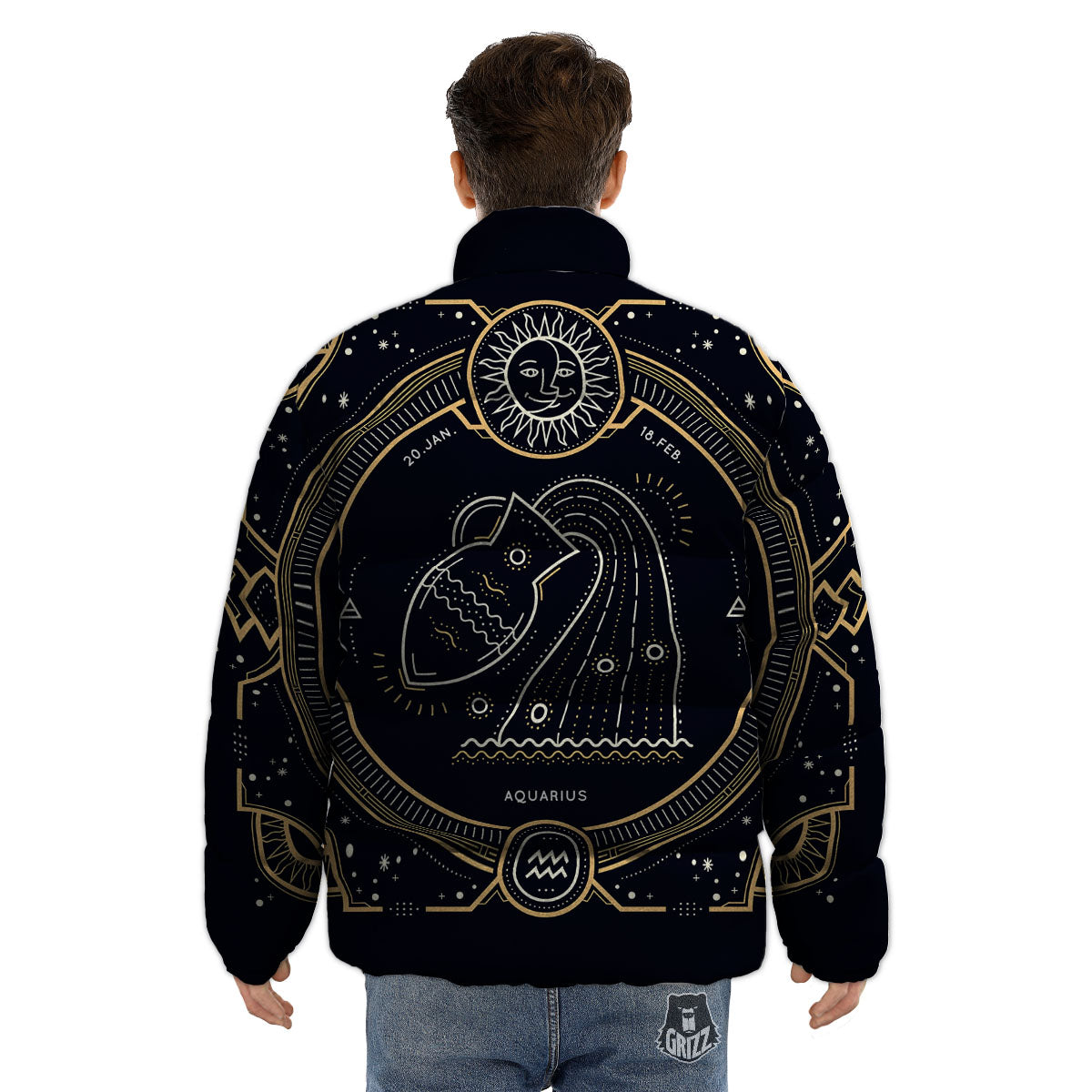 Zodiac Sign Vintage Aquarius Print Puffer Jacket-grizzshop