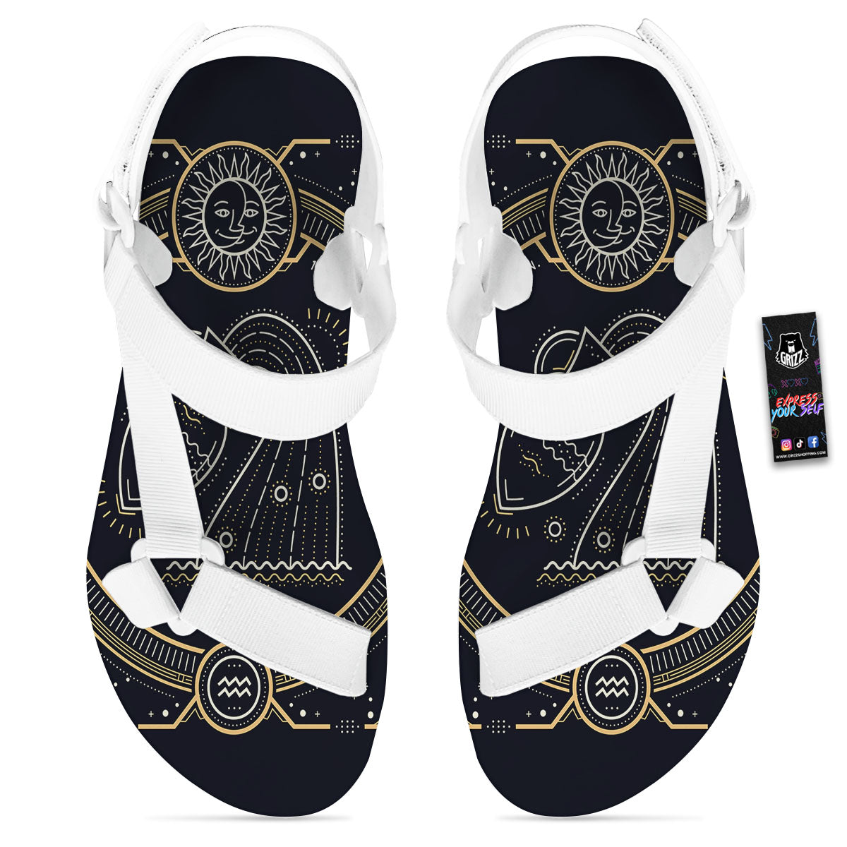 Zodiac Sign Vintage Aquarius Print White Open Toe Sandals-grizzshop