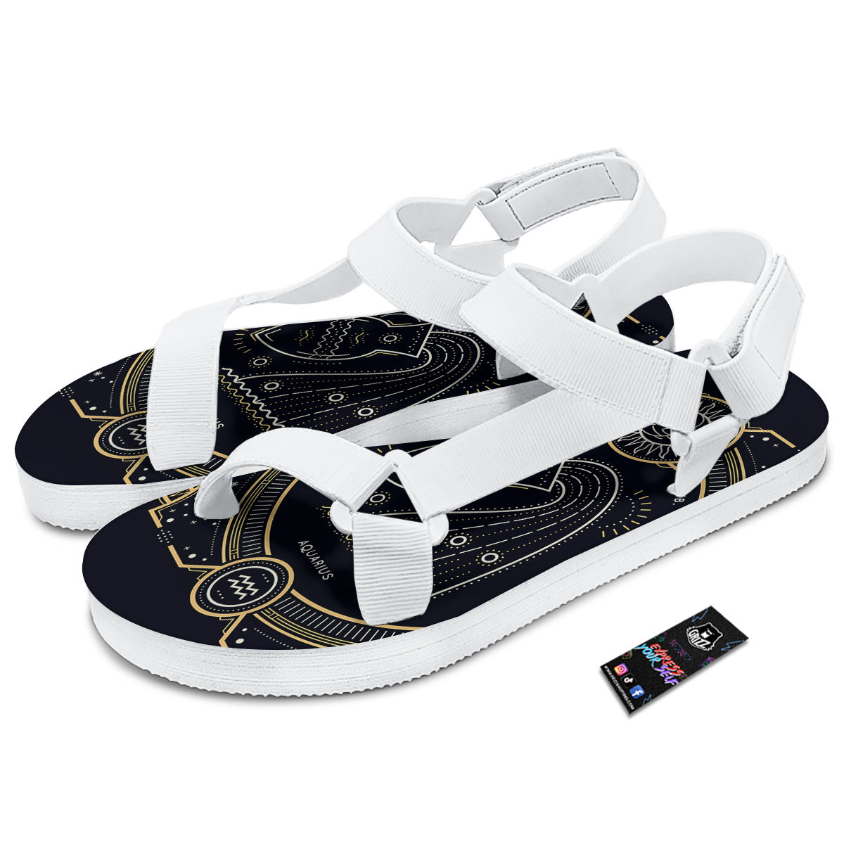 Zodiac Sign Vintage Aquarius Print White Open Toe Sandals-grizzshop