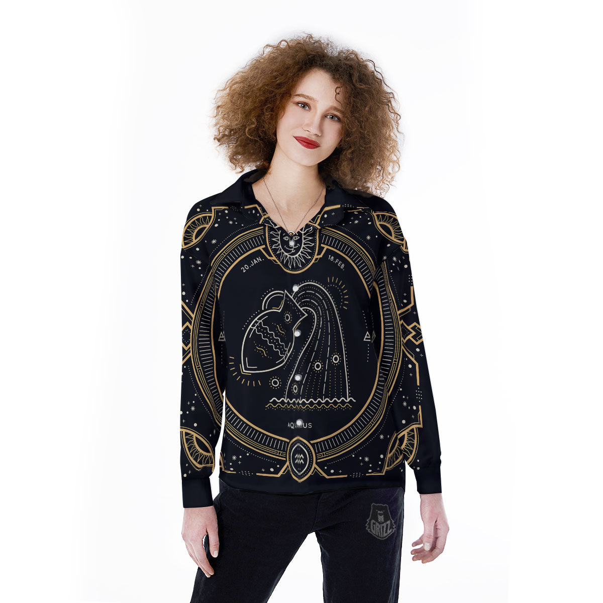 Zodiac Sign Vintage Aquarius Print Women's Long Sleeve Shirts-grizzshop