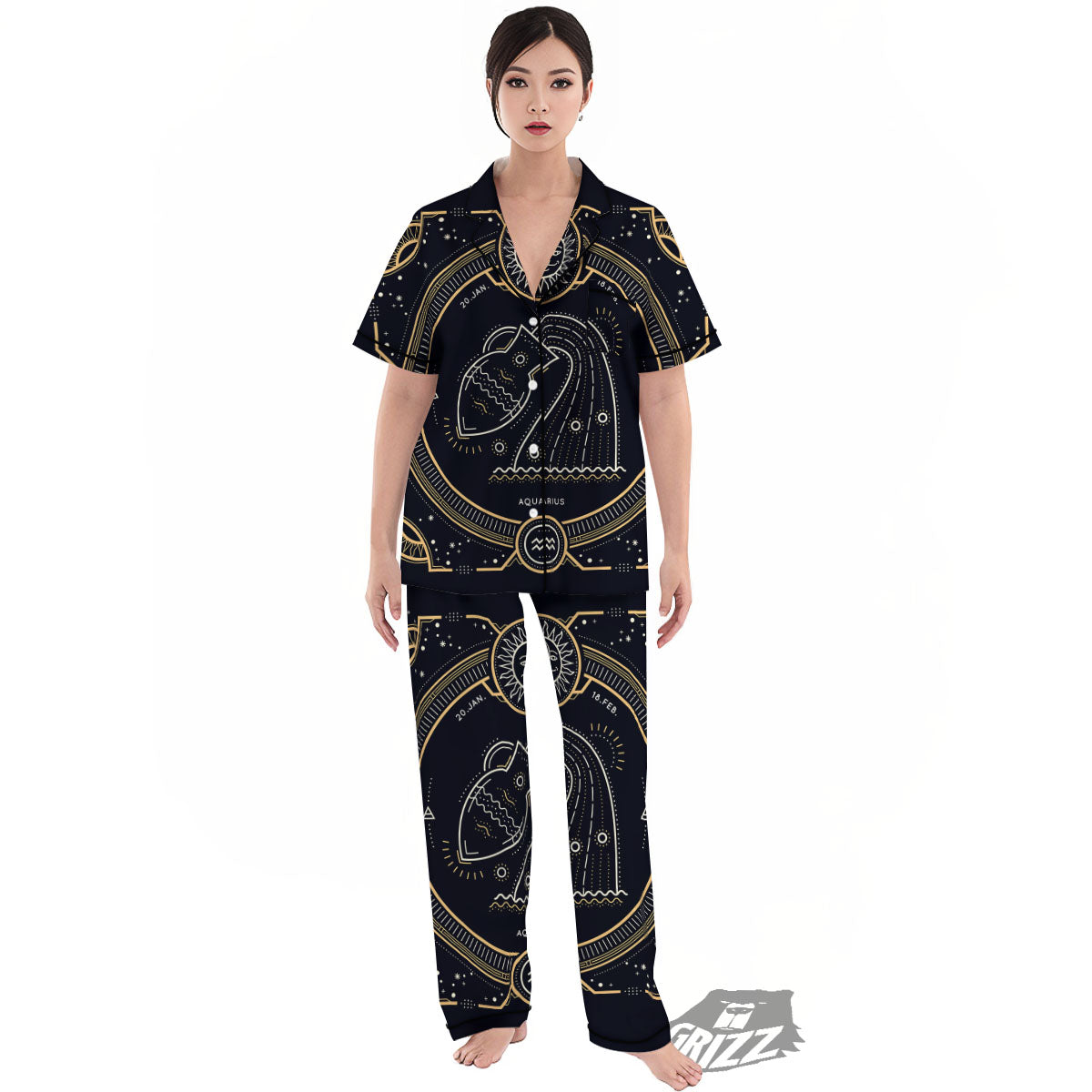 Zodiac Sign Vintage Aquarius Print Women's Pajamas Set-grizzshop